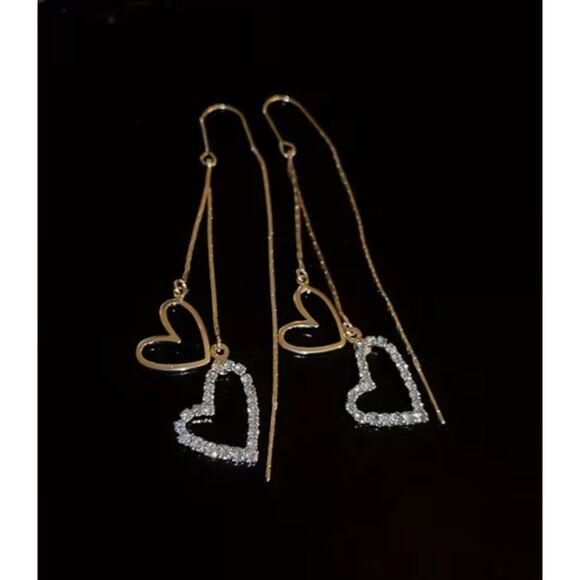 Gold & Crystal Open Hearts on Long Strands Earrings 3.15" - Picture 2 of 5